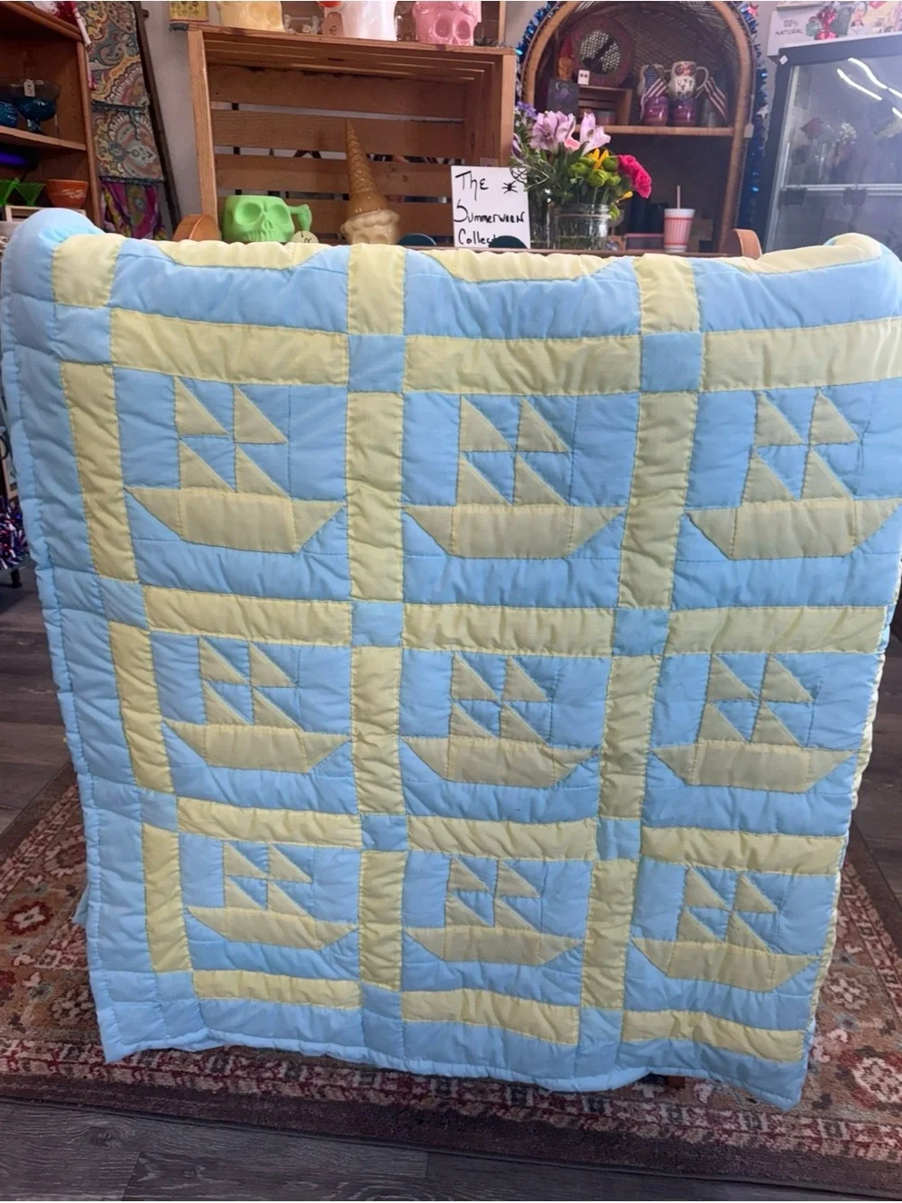 Handmade Patchwork Baby Quilt in Light Blue and Pale Yellow